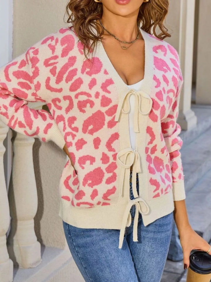 Long sleeve leopard print tie-front knit cardigan