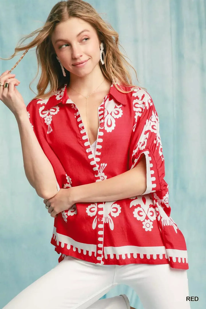 Abstract folk art print oversized button-down shirt