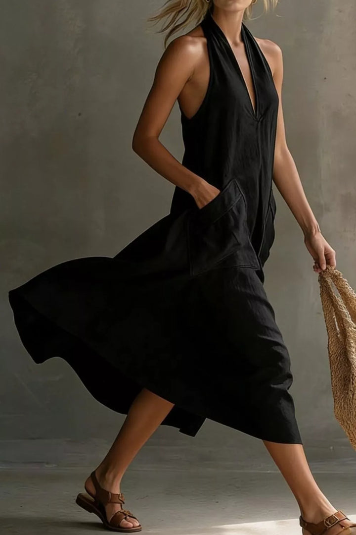 Black Relaxed halter neck midi dress with patch pockets