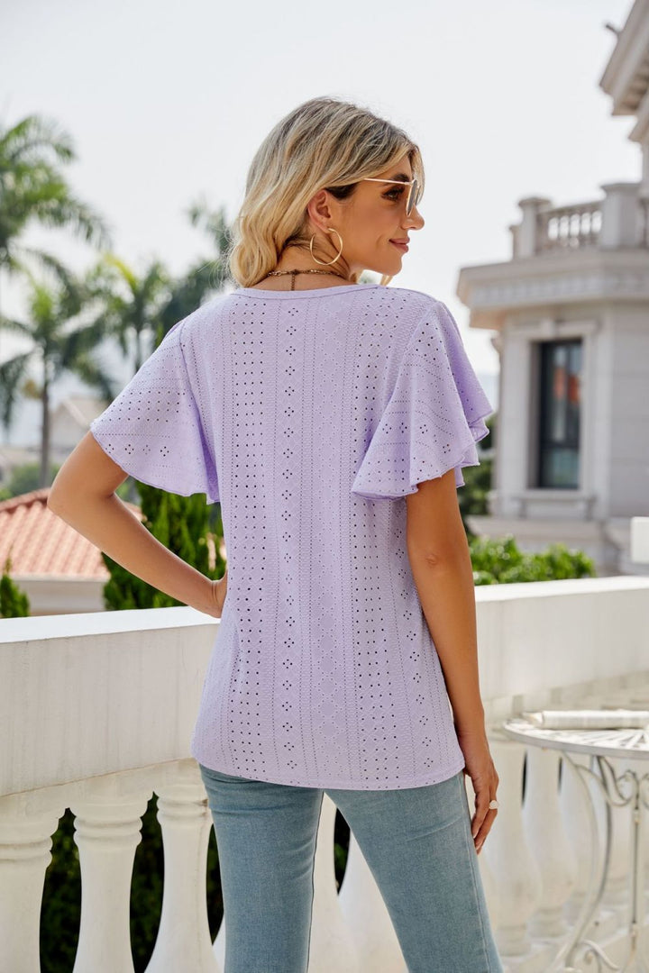 Eyelet knit flutter sleeve round neck top