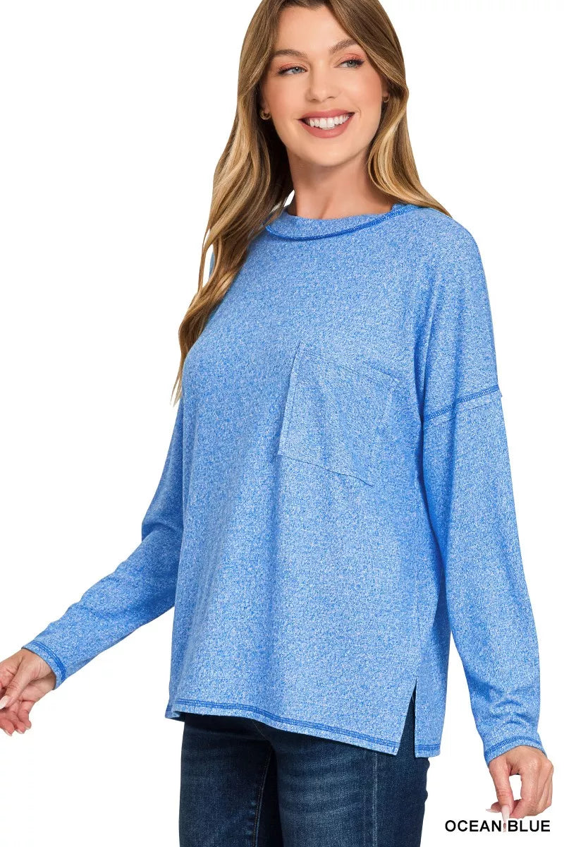 OCEAN BLUE Melange hacci knit long sleeve top with chest pocket