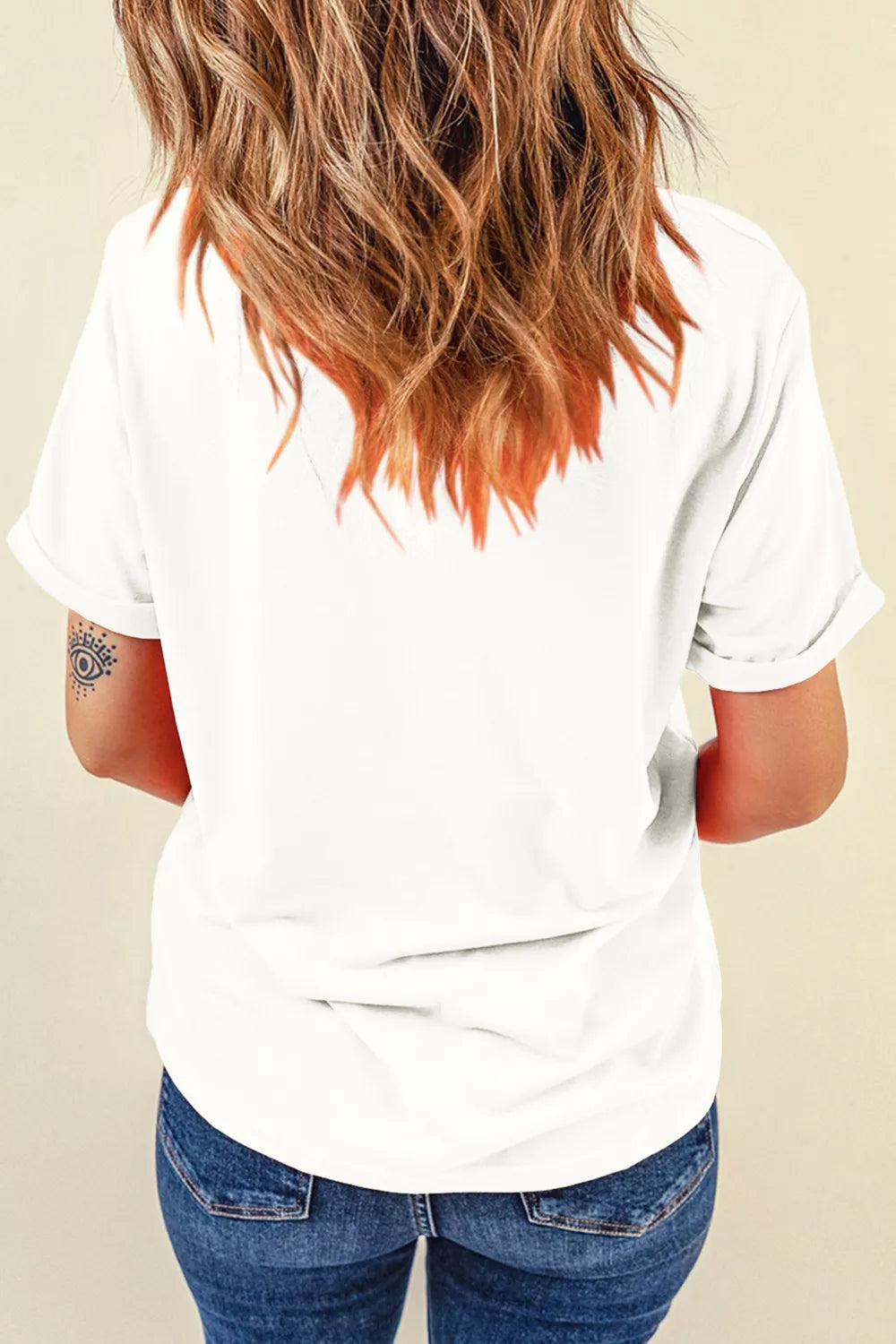 Embroidered USA script tee with red bow detail