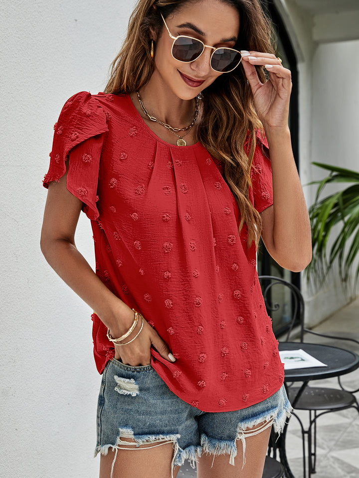 Swiss dot petal sleeve top with pleated round neck