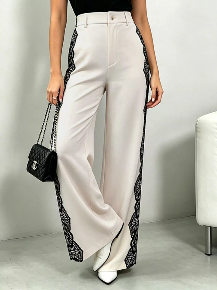 High-rise wide leg pants with floral lace side trim