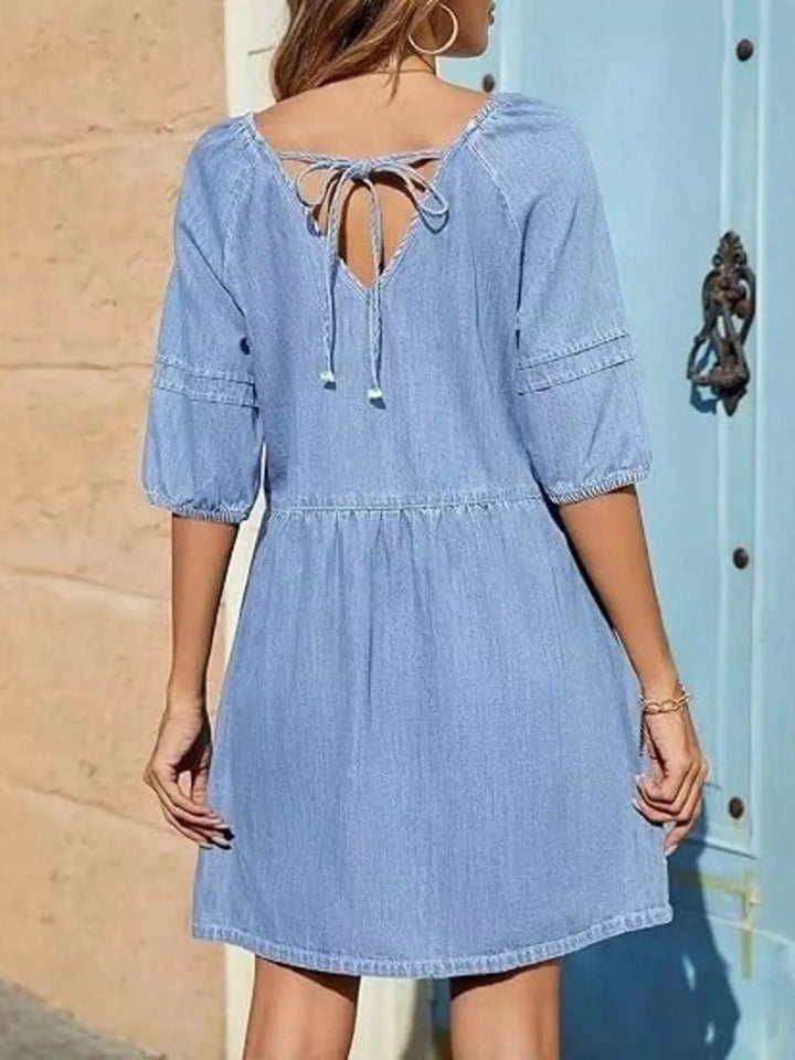V-neck puff sleeve denim mini dress with pintuck pleating