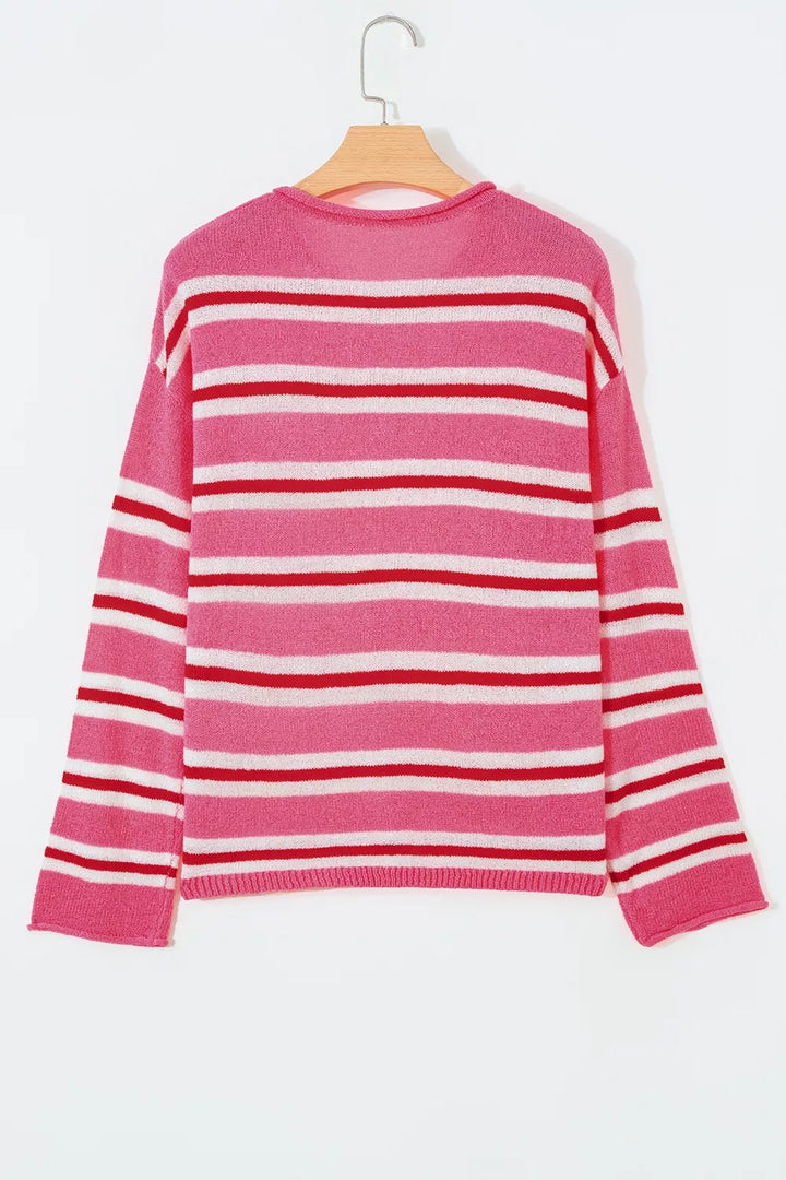 Striped knit button-front cardigan with rolled crew neck