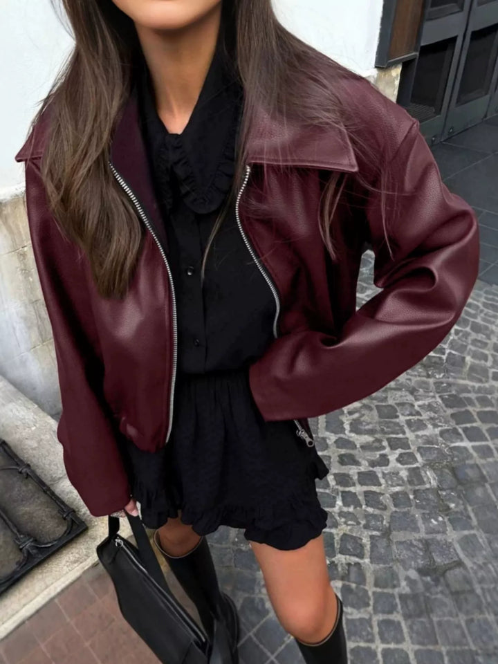Burgundy Oversized faux leather zip-up bomber jacket
