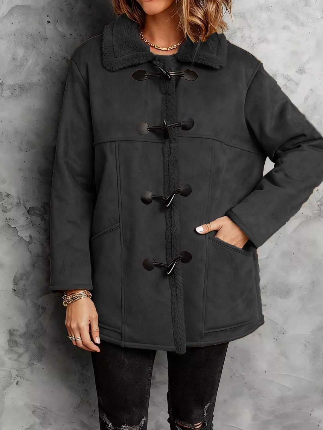 Black Faux suede sherpa-lined coat with toggle closures