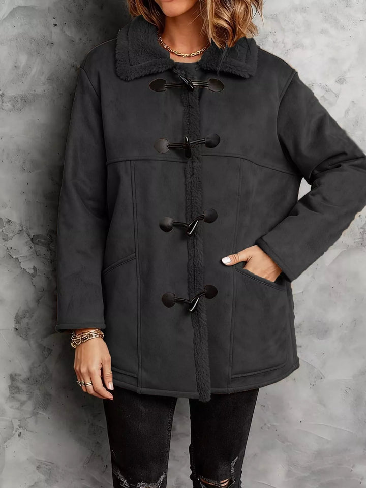 Black Faux suede sherpa-lined coat with toggle closures