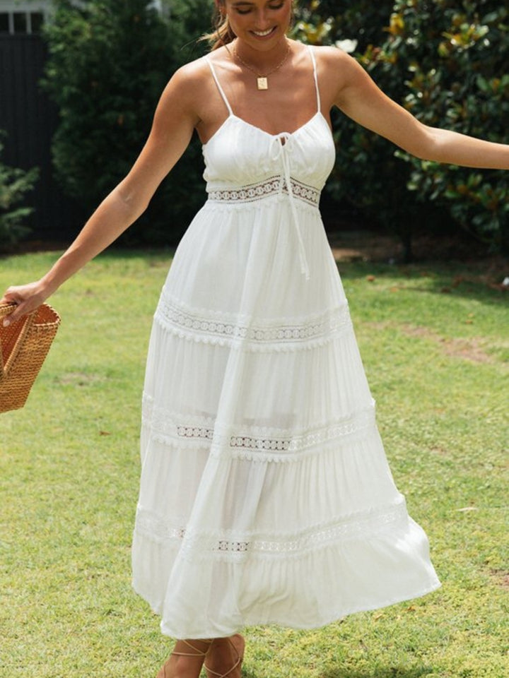 White Lace-trim tiered midi cami dress with tie front