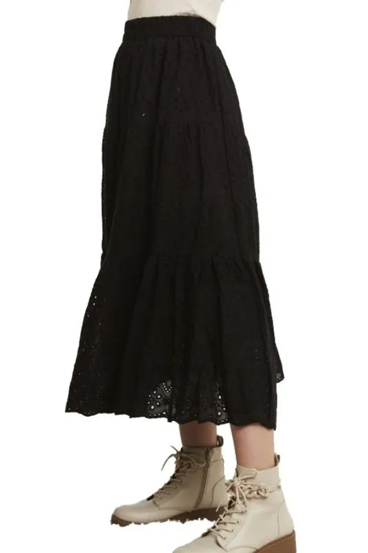 Tiered eyelet cotton midi skirt with elastic waist