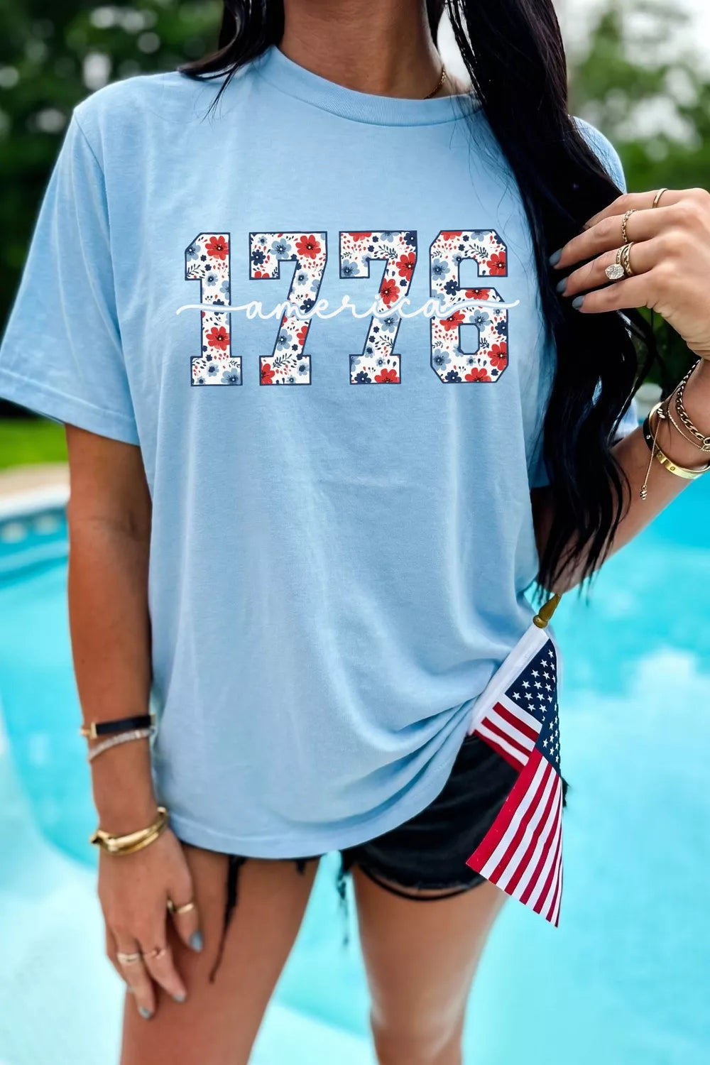 Pastel  Blue 1776 America floral graphic relaxed tee