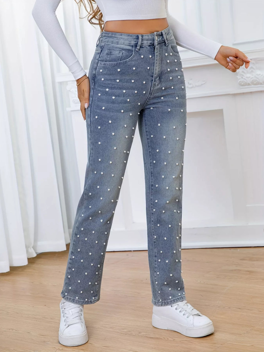 Pearl embellished high-rise straight leg jeans