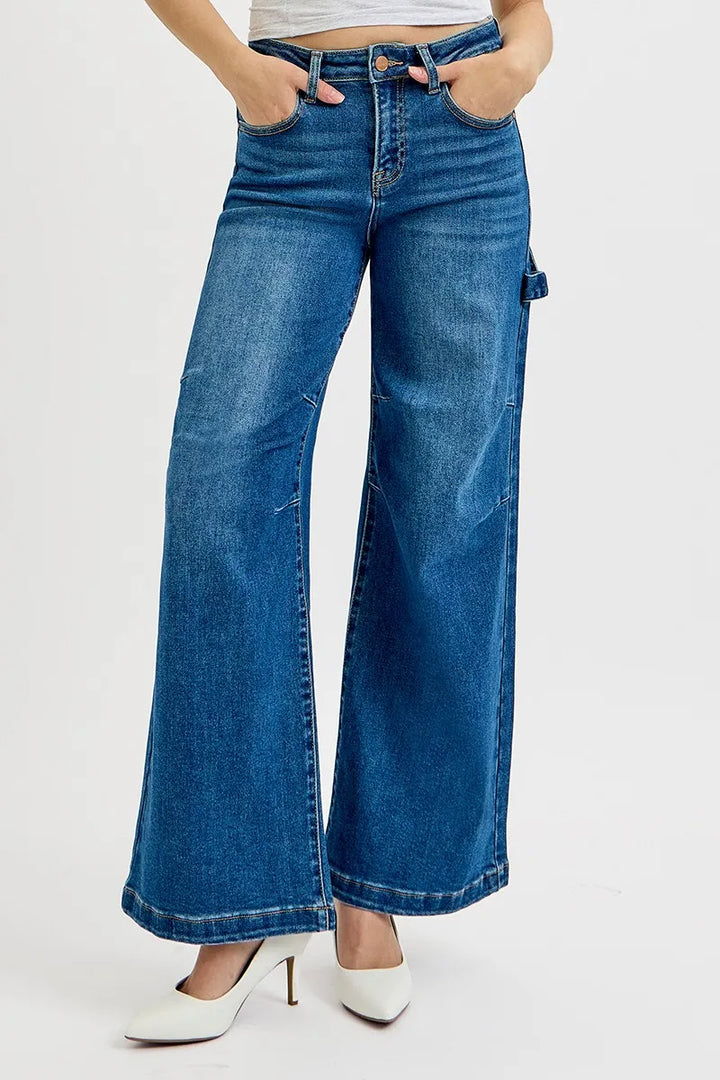 High-rise wide leg carpenter jeans with patch detail