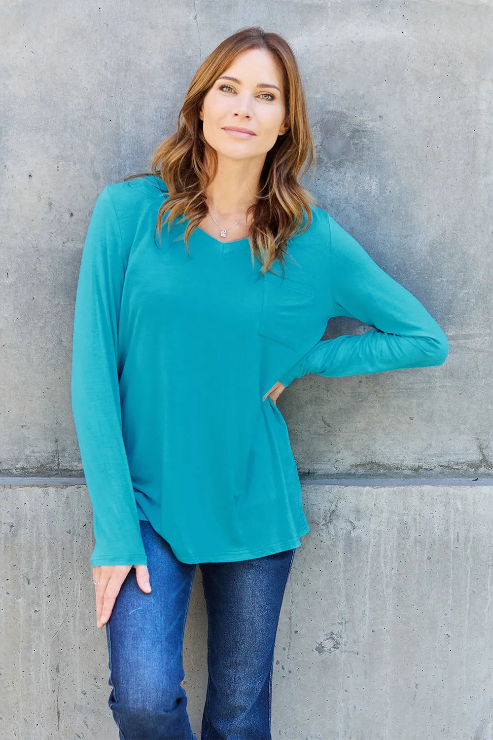 V-neck long sleeve top with chest pocket