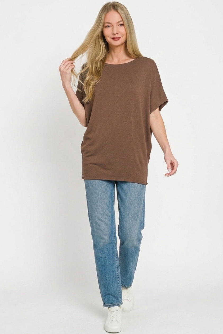 Relaxed dolman sleeve boat neck hacci knit top
