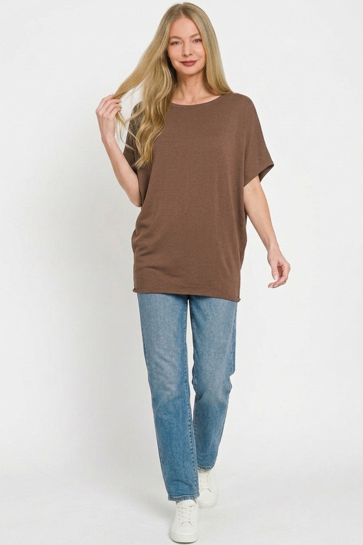 Relaxed dolman sleeve boat neck hacci knit top