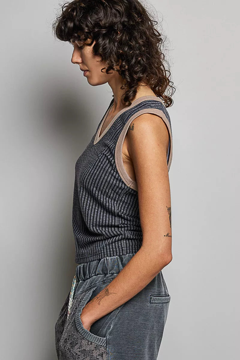 V-neck ribbed sleeveless tank with contrast trim
