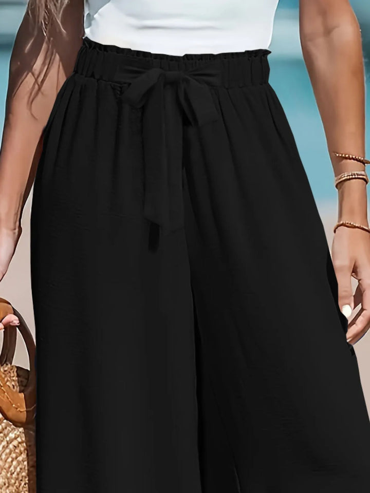 Paper-bag waist wide-leg pants with drawstring tie
