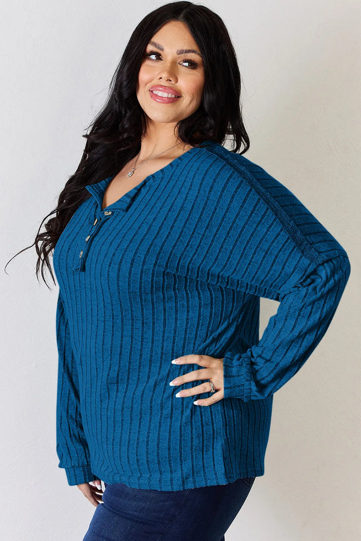 Ribbed knit half-button henley long sleeve top