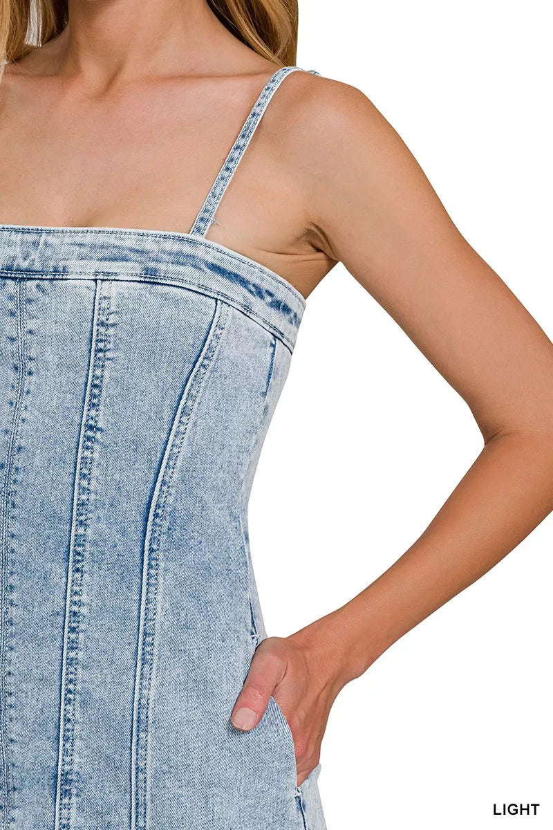 Exposed seam spaghetti strap denim mini dress with raw hem