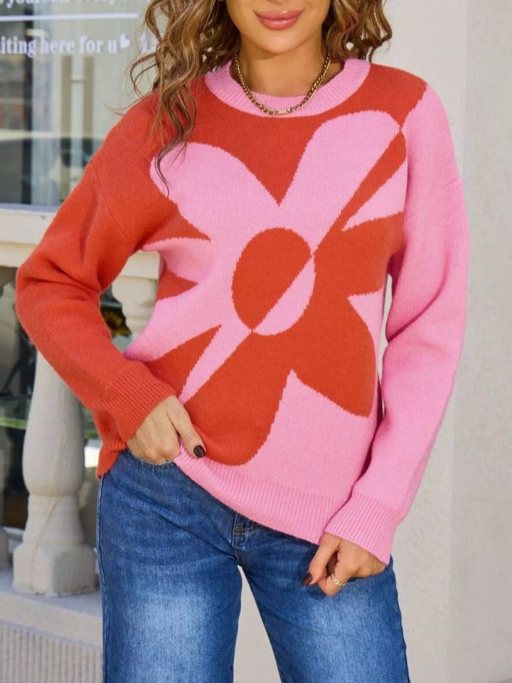 Color block floral crew neck knit sweater