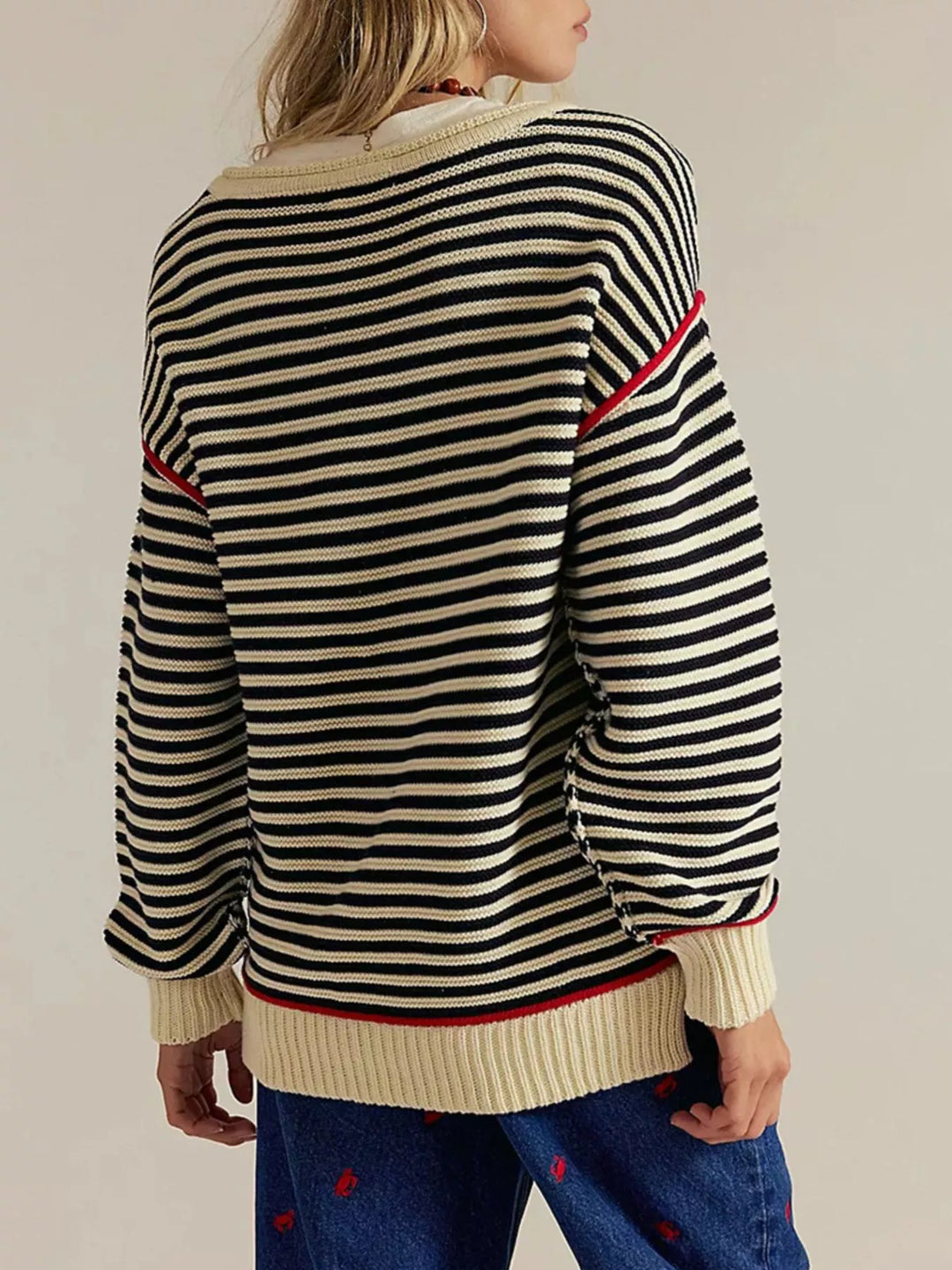 Striped ribbed knit round neck sweater with contrast trim