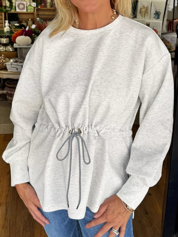 Light Gray Drawstring waist crew neck tunic sweatshirt