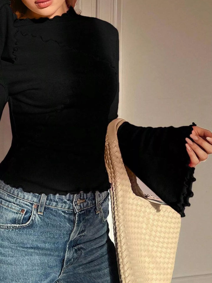 Ribbed knit mock neck top with lettuce-edge flare sleeves
