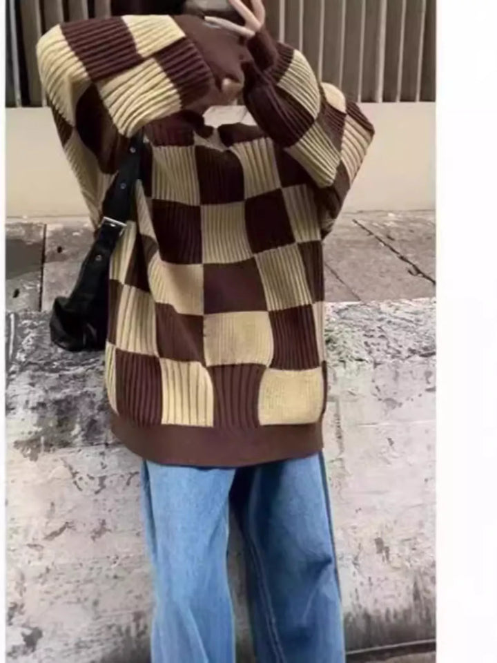 Checkerboard oversized ribbed knit sweater