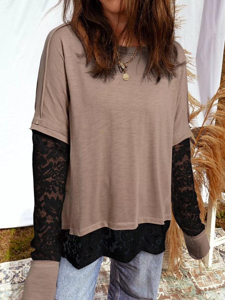 Mocha Lace-panel long sleeve tee with exposed seams
