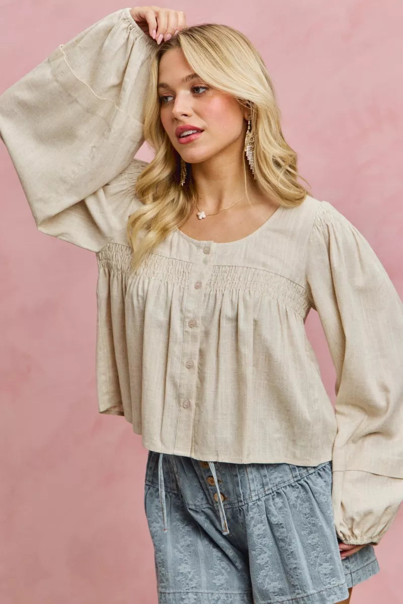 Smocked button-front puff sleeve linen blend top
