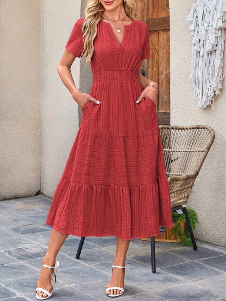 Deep Red Tiered notched neck short sleeve midi dress with pockets
