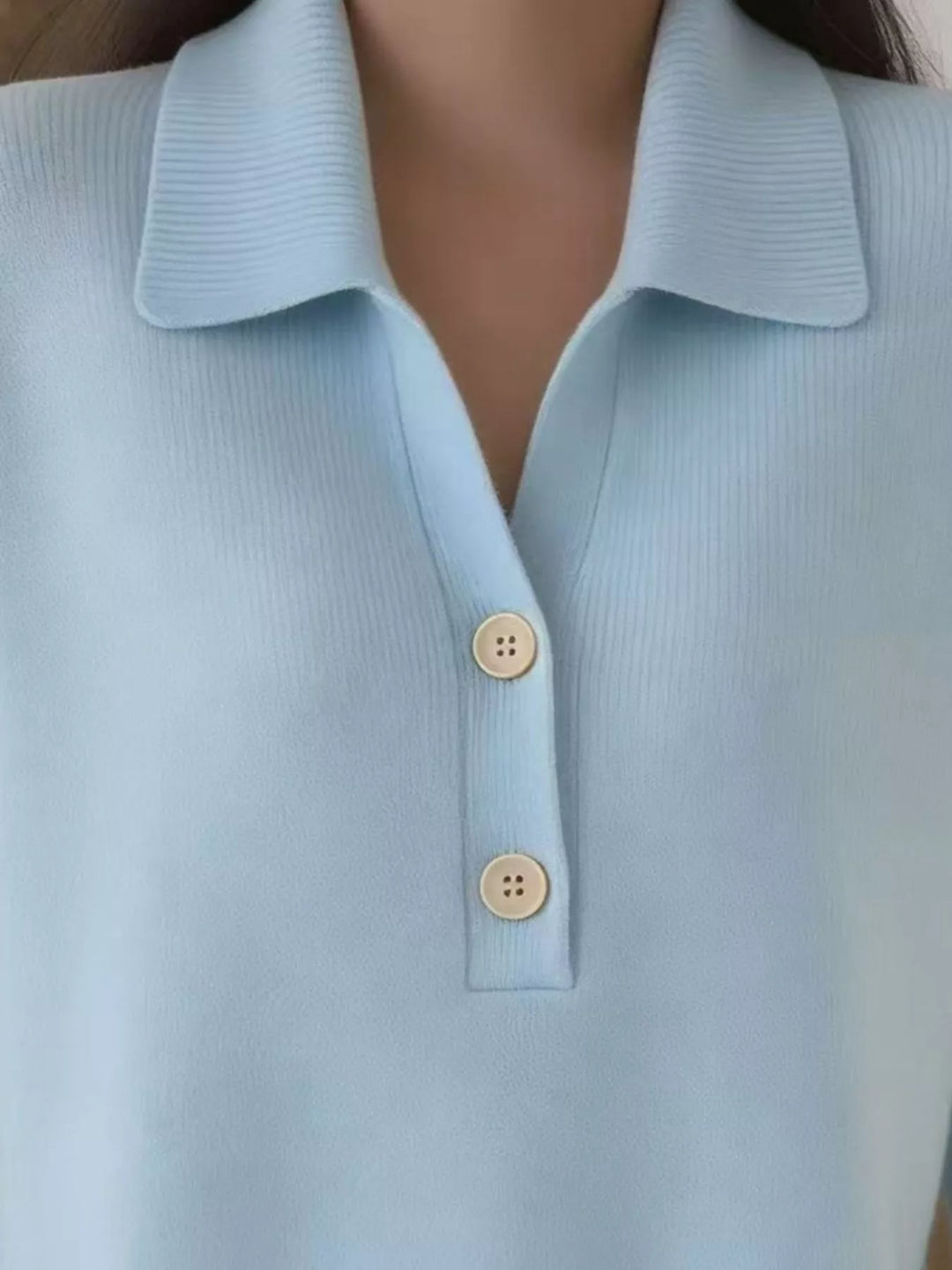 Collared button-placket long sleeve knit polo sweater
