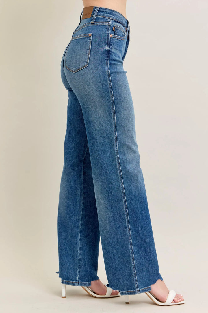 High-rise tummy control wide leg jeans with raw chewed hem