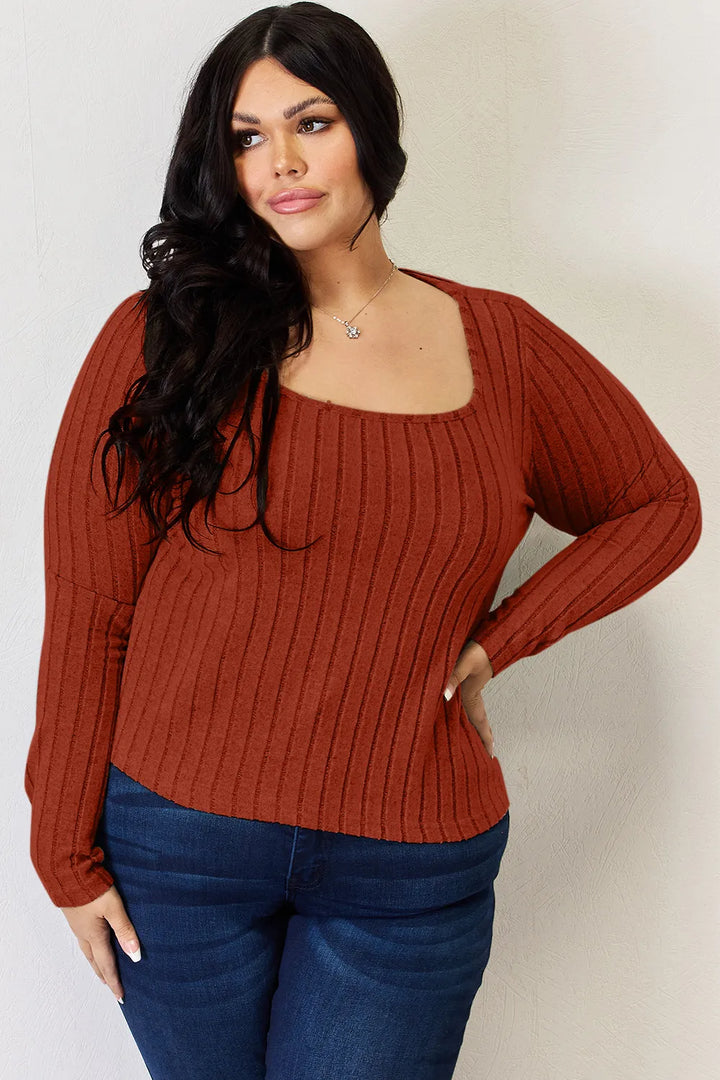 Ribbed scoop neck long sleeve fitted top