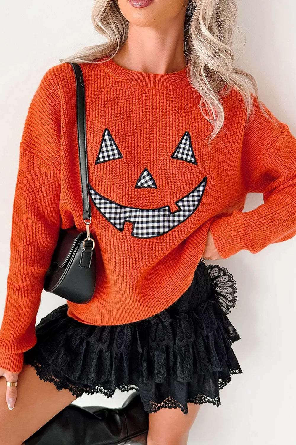 Jack-o-lantern patch drop shoulder Halloween sweater