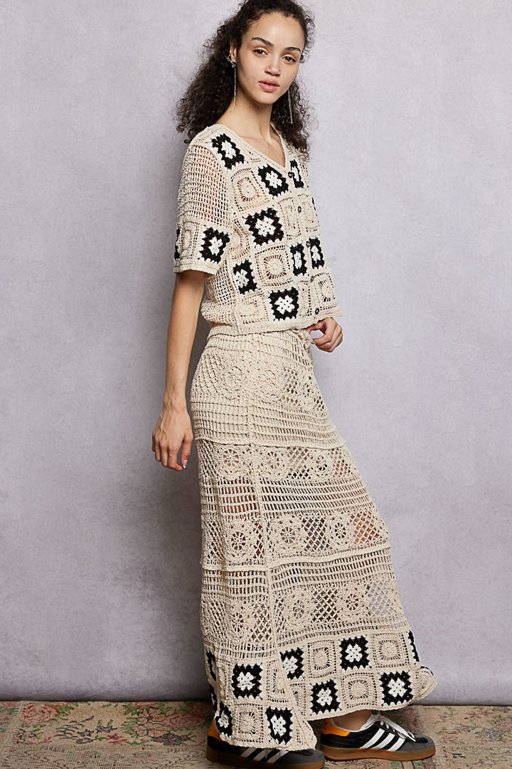 Granny square crochet maxi skirt with ruffled waistband