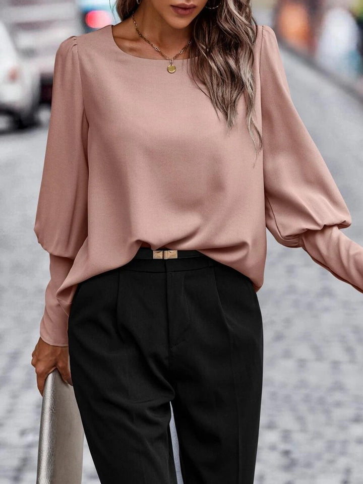 Lantern sleeve round neck blouse with puff shoulders
