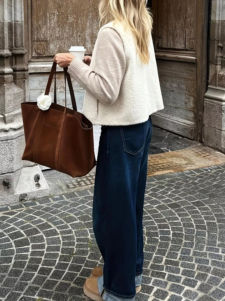Collarless sherpa fleece vest with button front