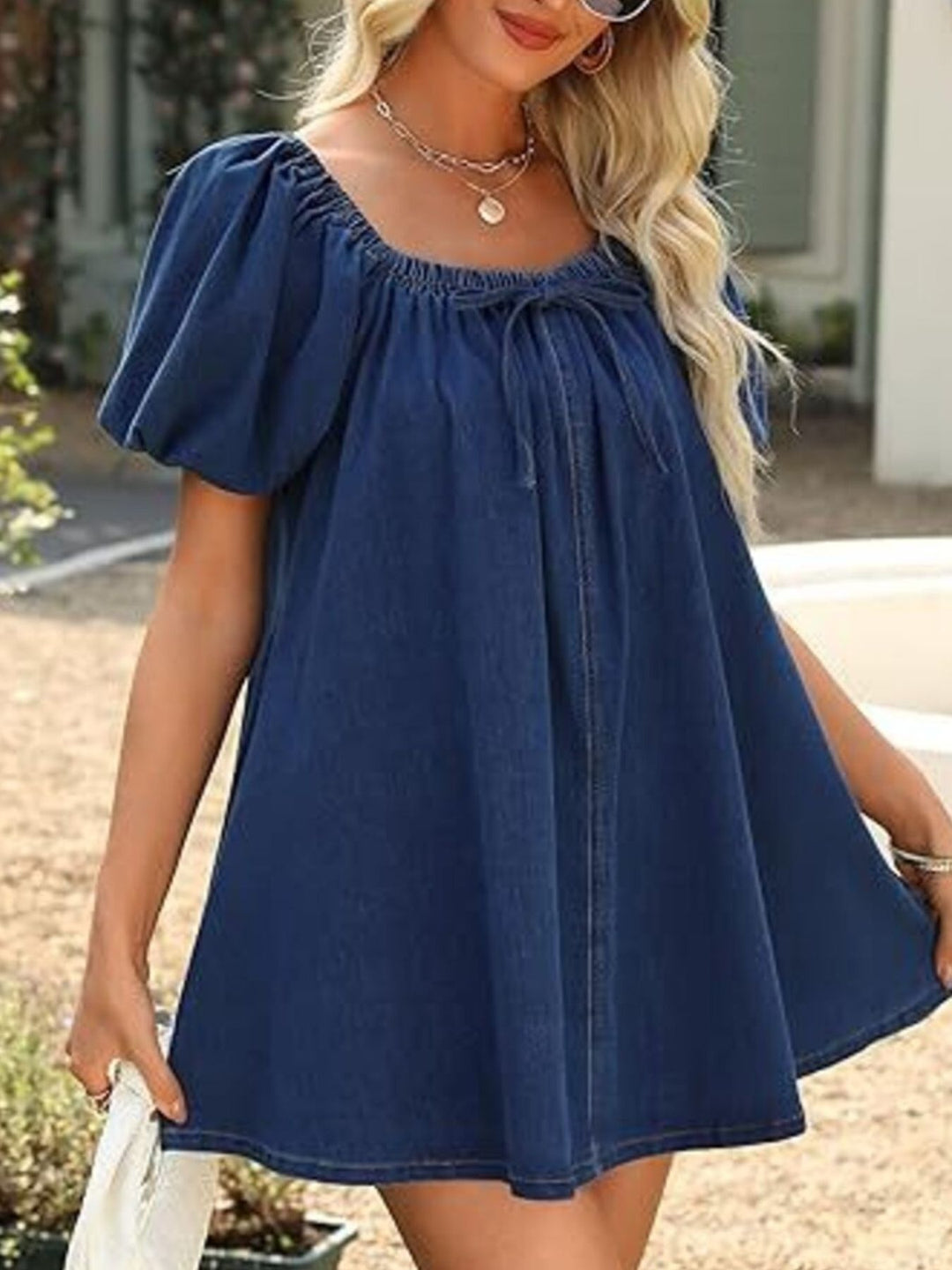 Dark Blue Off-shoulder puff sleeve denim mini dress