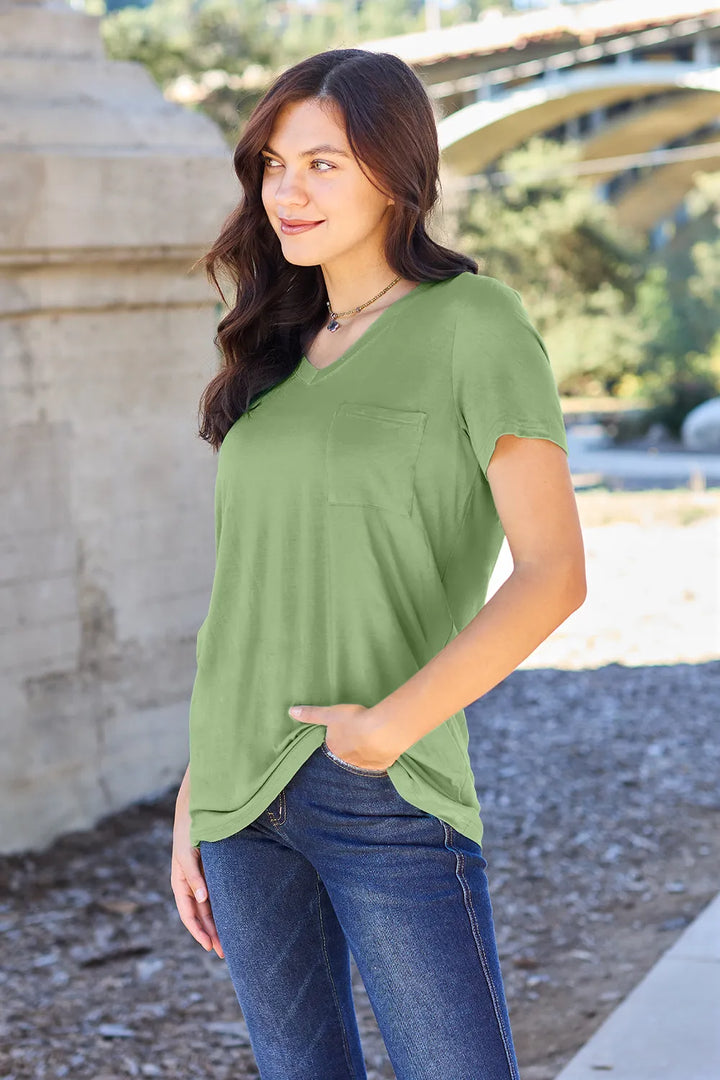 V-neck short sleeve bamboo tee with chest pocket
