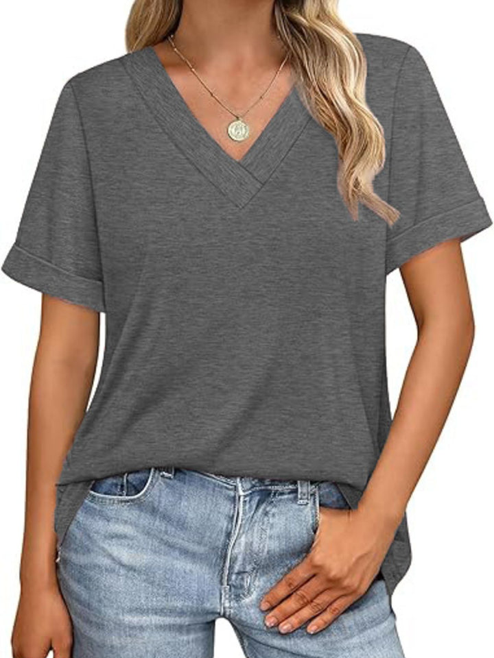 Dark Gray Relaxed V-neck short sleeve tee with rolled cuffs