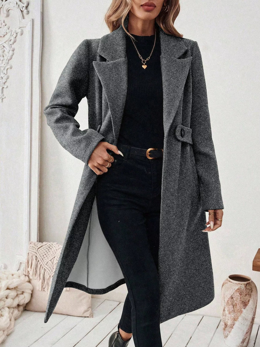 Dark Gray Notch lapel open-front longline coat with side pockets