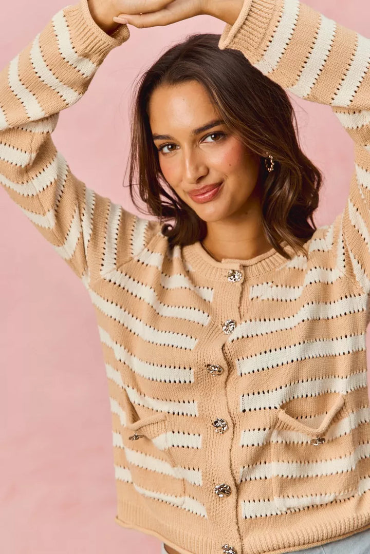 Striped openwork knit cardigan with jeweled buttons
