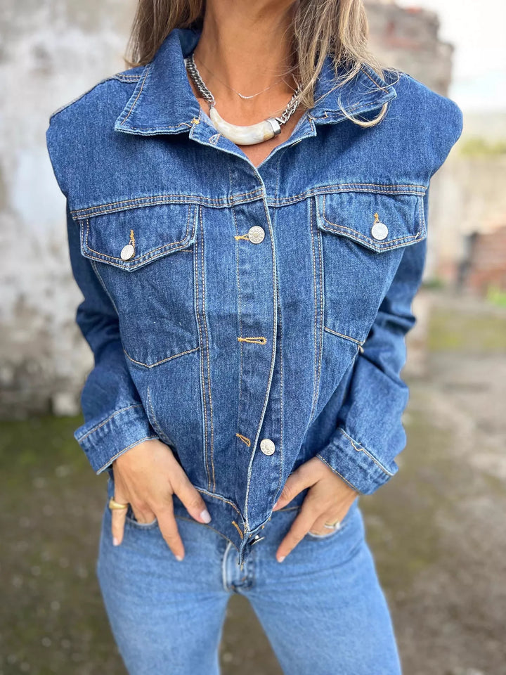 Button-up denim jacket with buttoned chest pockets