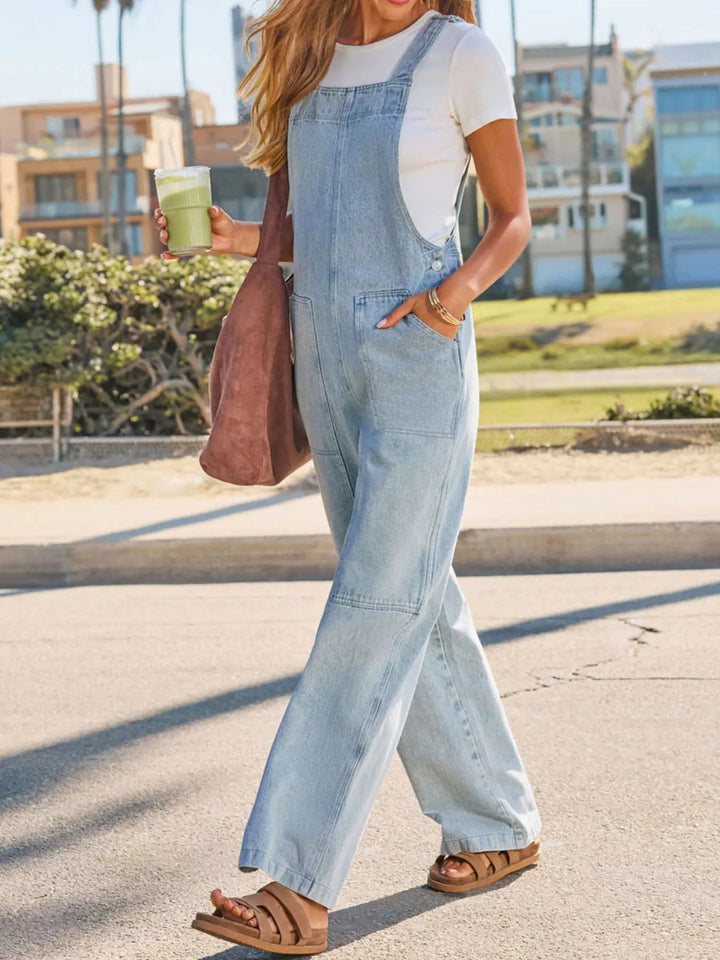 Wide-leg denim overalls with patch pockets