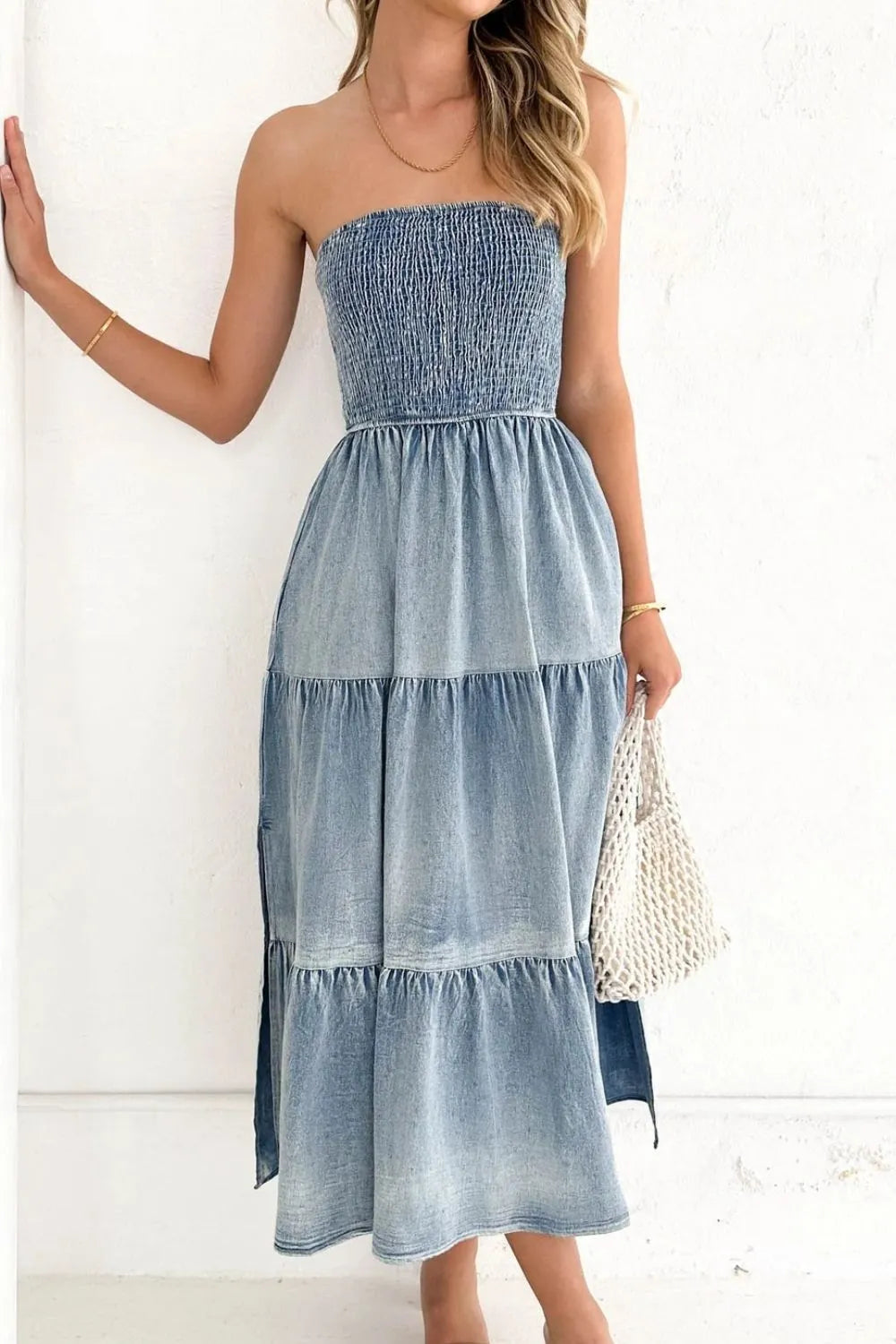 Smocked strapless tiered denim maxi dress with side slit
