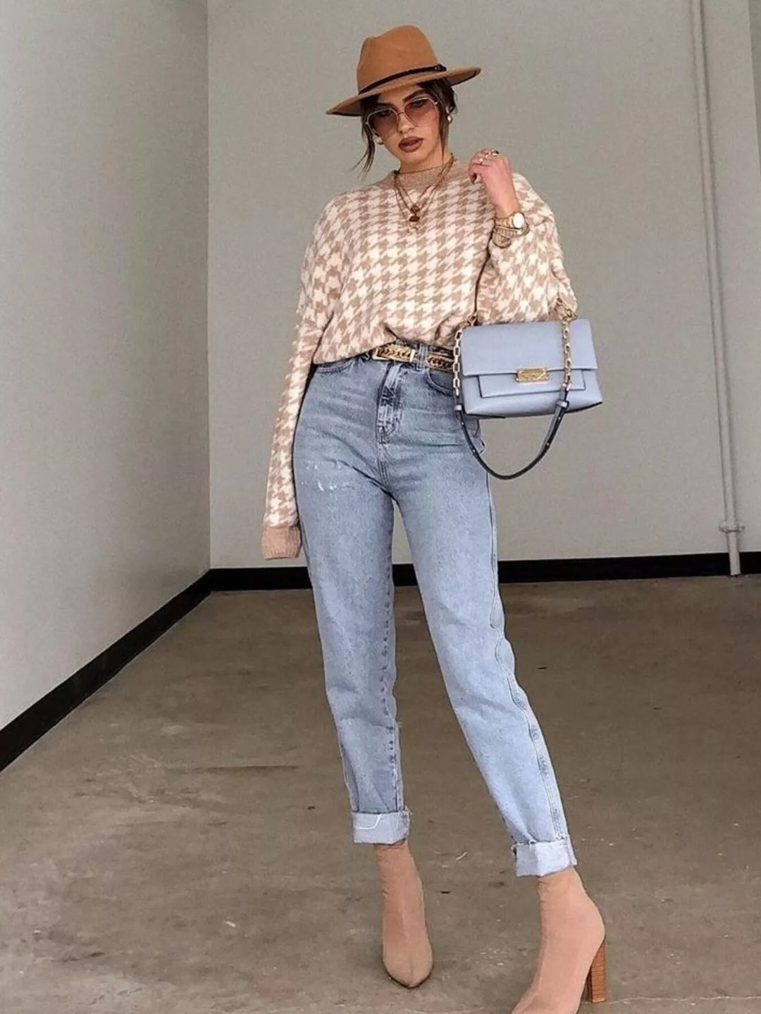 Houndstooth oversized crewneck knit sweater