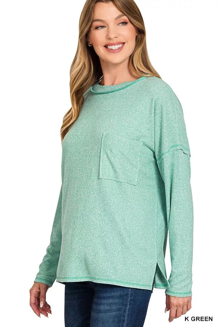 Oversized melange Hacci knit long sleeve top with chest pocket